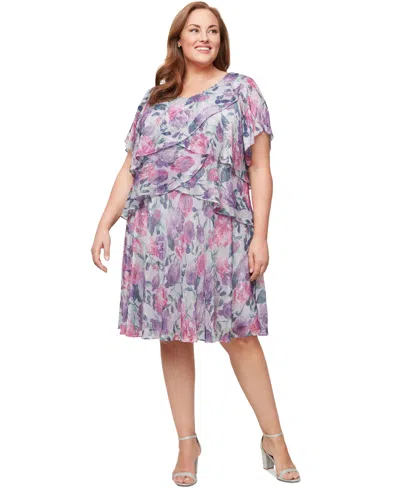 Sl Fashions Plus Size Floral Metallic Tiered Dress In Pink Multi