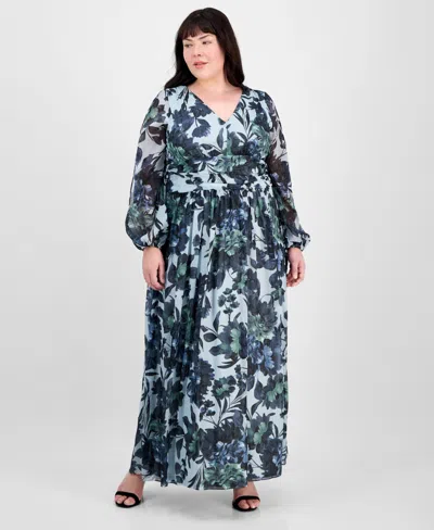 Sl Fashions Plus Size Floral-print Blouson-sleeve Gown In Black Multi