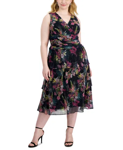 Sl Fashions Plus Size Floral-print Crinkled Midi Dress In Black Multi