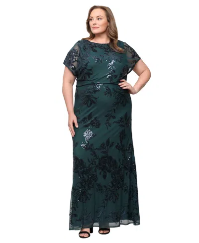 Sl Fashions Plus Size Floral-print Sequin Formal Gown In Green