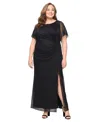 Sl Fashions Plus Size Flutter-sleeve Side-ruched Glitter Gown In Black