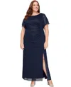 Sl Fashions Plus Size Flutter-sleeve Side-ruched Glitter Gown In Navy