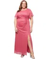 Sl Fashions Plus Size Flutter-sleeve Side-ruched Glitter Gown In Pink