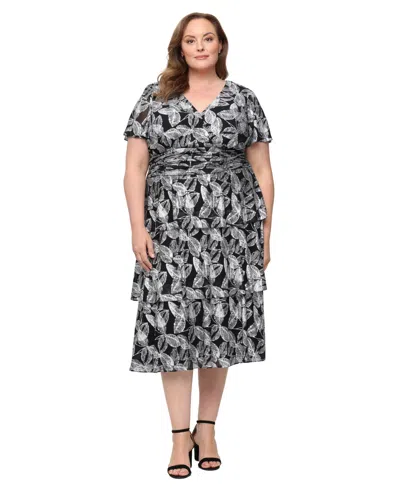 Sl Fashions Plus Size Foil-print Tiered Floral Dress In Silver