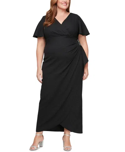Sl Fashions Plus Size Glitter Flutter-sleeve Side-ruched Dress In Black