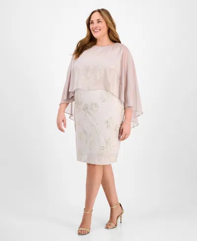 Sl Fashions Plus Size Metallic Cape A-line Dress In Pale Blush