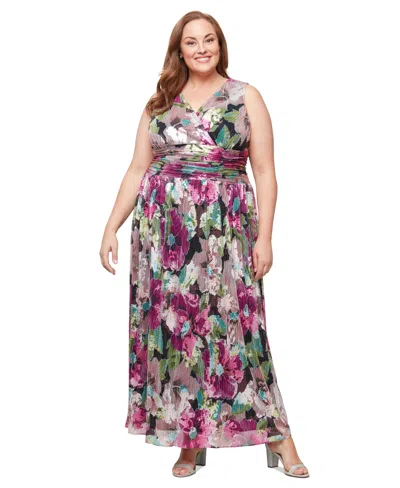 Sl Fashions Plus Size Metallic Floral-print Gown