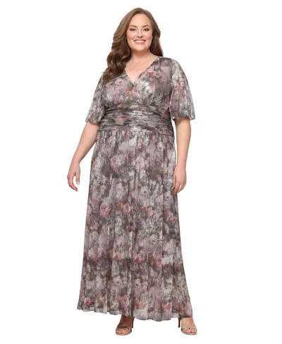 Sl Fashions Plus Size Printed Metallic Surplice Long Dress