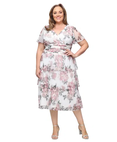 Sl Fashions Plus Size Printed V-neck Tea Length Dress In Multi