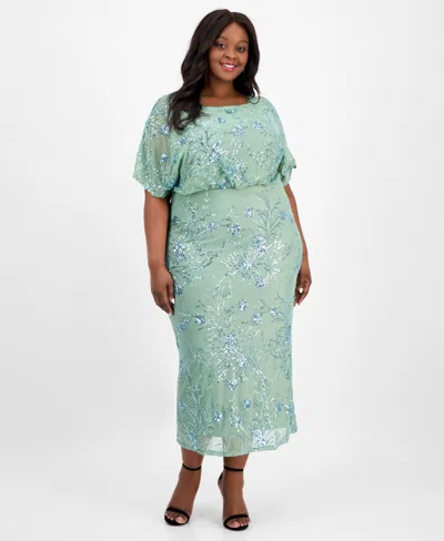 Sl Fashions Plus Size Round-neck Blouson Sequin Dress In Sage