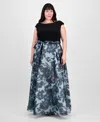 Sl Fashions Plus Size Tie-front Printed Organza Ballgown In Black Multi