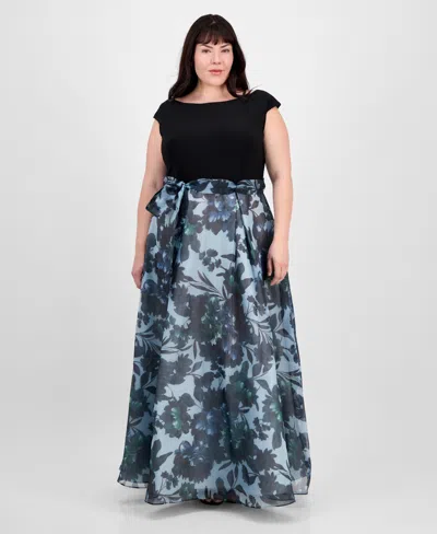 Sl Fashions Plus Size Tie-front Printed Organza Ballgown In Black Multi