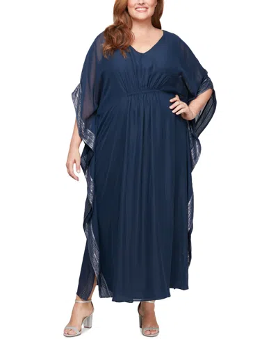 Sl Fashions Plus Size V-neck 3/4-sleeve Flowy Gown In Navy