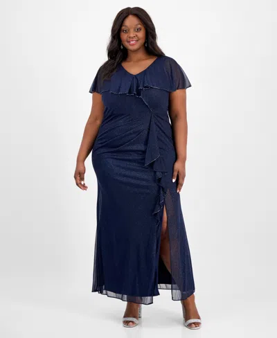 Sl Fashions Plus Size V-neck Caplet Ruffled Glitter Dress In Navy