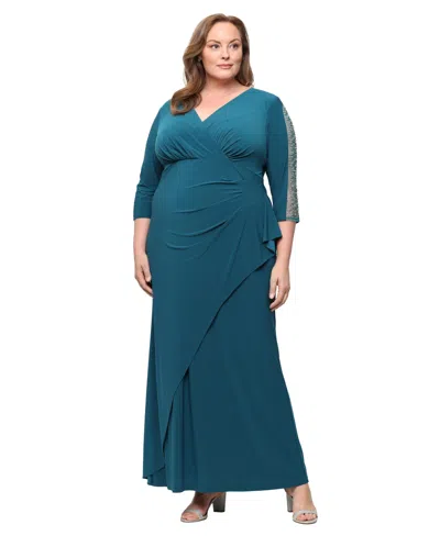 Sl Fashions Plus Size V-neck Long-sleeve Embellished Gown In Green