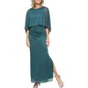 Sl Fashions Long Column Dress With Cold Shoulder Capelet In Blue