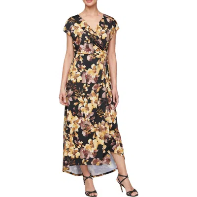 Sl Fashions Print Faux Wrap Maxi Dress In Blk Multi
