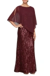 Sl Fashions Sequin & Chiffon Popover Capelet Gown In Brown