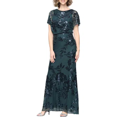 Sl Fashions Sequin Blouson Bodice Gown In Green