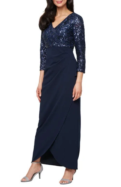 Sl Fashions Sequin Bodice Scuba Crepe Mixed Media Gown In Blue