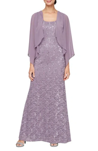 Sl Fashions Sequin Floral Lace Dress With Mesh Jacket In Luxe Lilac