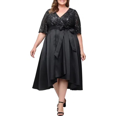 Sl Fashions Sequin Flutter Sleeve Satin High-low Cocktail Dress In Black