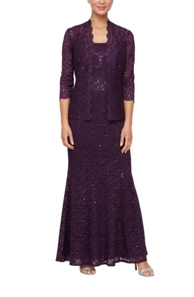 Sl Fashions Sequin Lace A-line Gown With Jacket In Eggplant