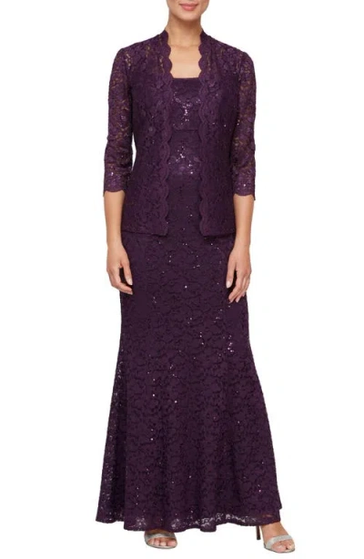 Sl Fashions Sequin Lace A-line Gown With Jacket In Eggplant