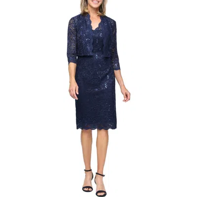 Sl Fashions Sequin Stretch Lace Sheath Sleeveless Dress With Jacket In Blue
