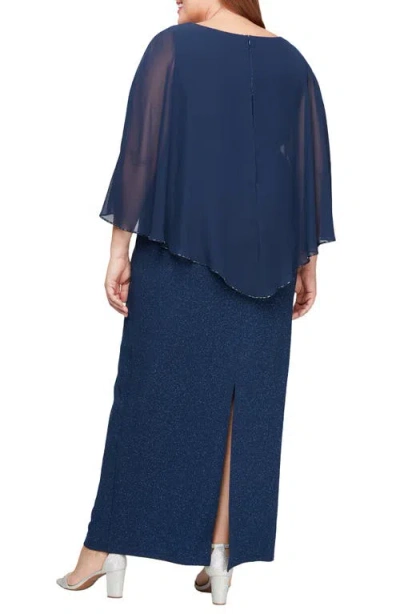 Sl Fashions Shimmer & Beaded Chiffon Capelet Gown In Navy