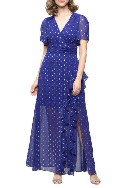 Sl Fashions Short Sleeve Foil Dot Chiffon Gown In Multi