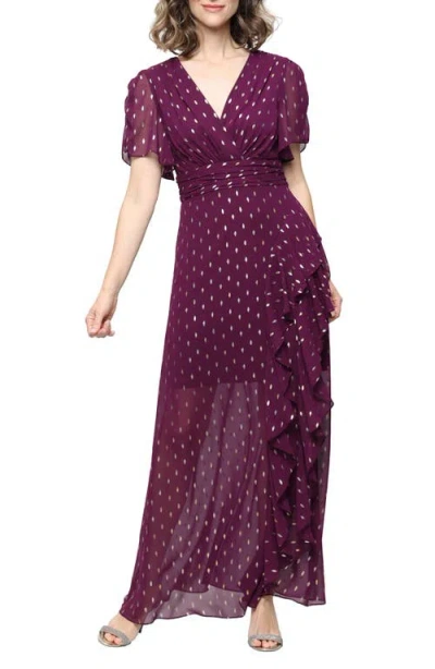 Sl Fashions Short Sleeve Foil Dot Chiffon Gown In Purple