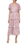 Sl Fashions Metallic Floral Tiered Cocktail Dress In Blush