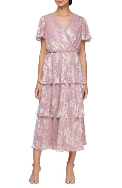 SL FASHIONS SL FASHIONS SHORT SLEEVE FOIL PLISSÉ TIERED COCKTAIL DRESS