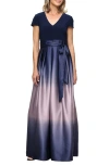 Sl Fashions Short Sleeve Jersey Bodice Ombré Satin A-line Gown In Blue
