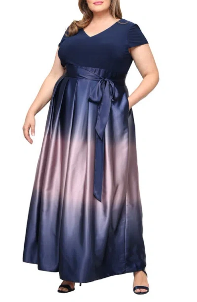 Sl Fashions Short Sleeve Jersey Bodice Ombré Satin A-line Gown In Multi