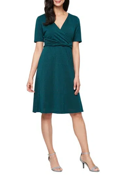 Sl Fashions Short Sleeve Metallic Knit Dress In Green