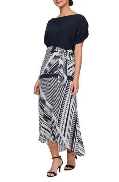Sl Fashions Short Sleeve Mixed Media High-low Dress In Navy Multi