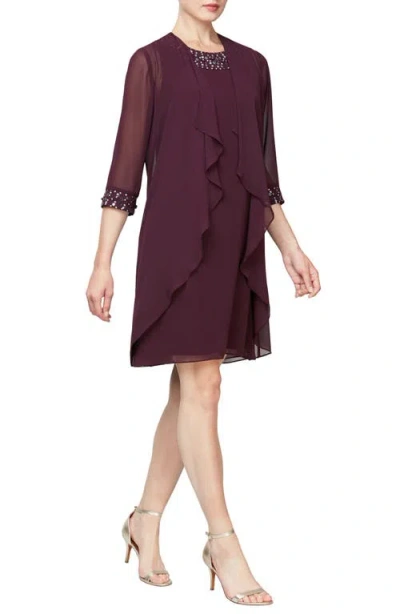 Sl Fashions Slny Beaded Neck Sleeveless Sheath Dress With Jacket In Aubergine