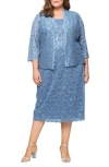 Sl Fashions Slny Floral Lace Sequin Cardigan & Dress Set In Blue