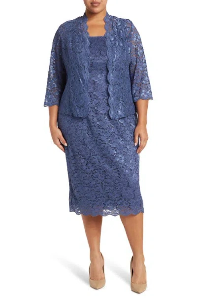 Sl Fashions Slny Floral Lace Sequin Cardigan & Dress Set In Blue