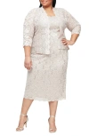 Sl Fashions Slny Floral Lace Sequin Cardigan & Dress Set In Champagne