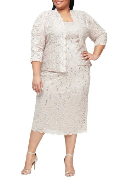 Sl Fashions Slny Floral Lace Sequin Cardigan & Dress Set In Champagne