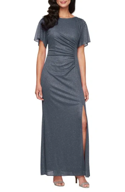 Sl Fashions Sparkle Embellished Shoulder Gown In Gray