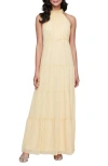 Sl Fashions Sparkle Stripe Tiered Halter Gown In Pale Yellow