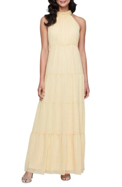 Sl Fashions Sparkle Stripe Tiered Halter Gown In Pale Yellow