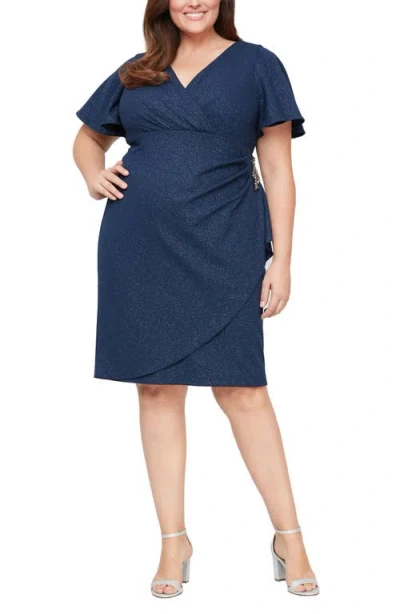 Sl Fashions Surplice Neck Glitter Side Crystal Embellished Sheath Shift Dress In Blue