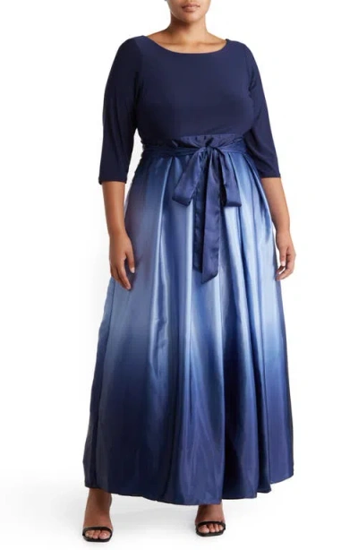 Sl Fashions Three-quarter Sleeve Jersey Bodice Ombré Satin A-line Gown In Blue