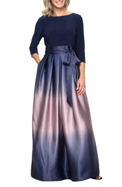 Sl Fashions Tie Waist Ombrè Skirt Gown In Navy/mauve