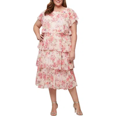 Sl Fashions Tiered Floral Cocktail Midi Dress In Peach Multi